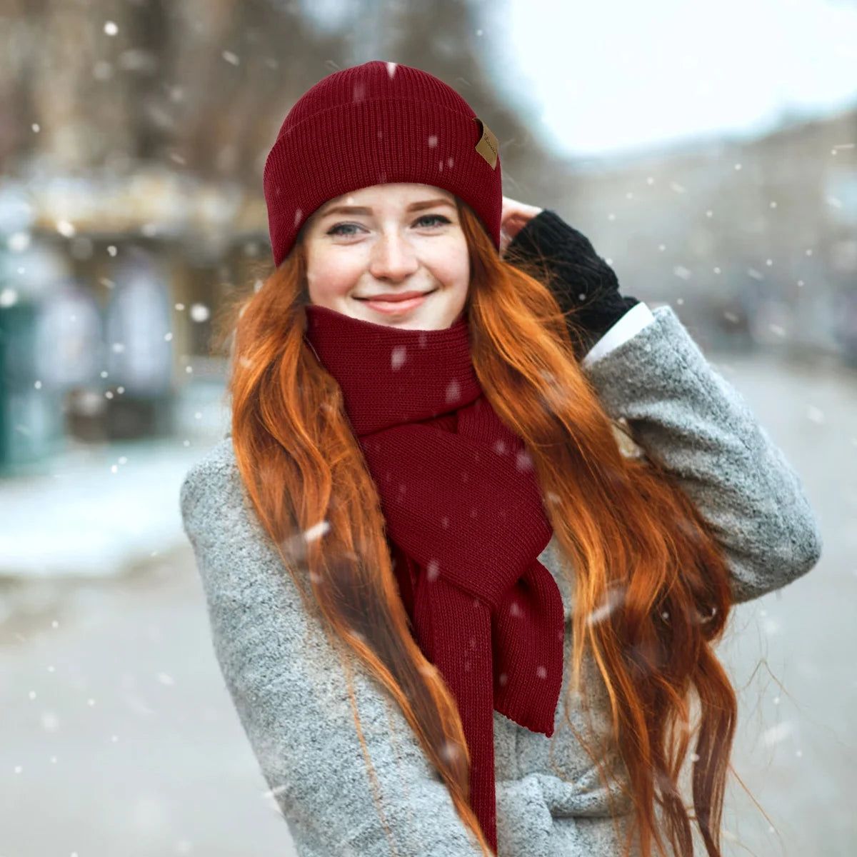 Winter Beanie Hat Scarf Set for Women Fleece Lined Winter Hat Long Soft Knit Scarf for Cold Weather Red
