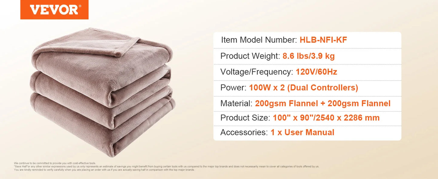 VEVOR Heated Blanket Electric Soft Flannel & Sherpa Heating Blanket