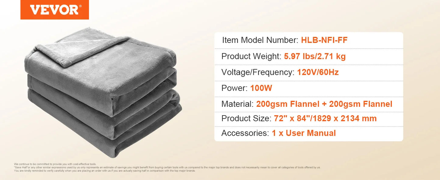VEVOR Heated Blanket Electric Soft Flannel & Sherpa Heating Blanket