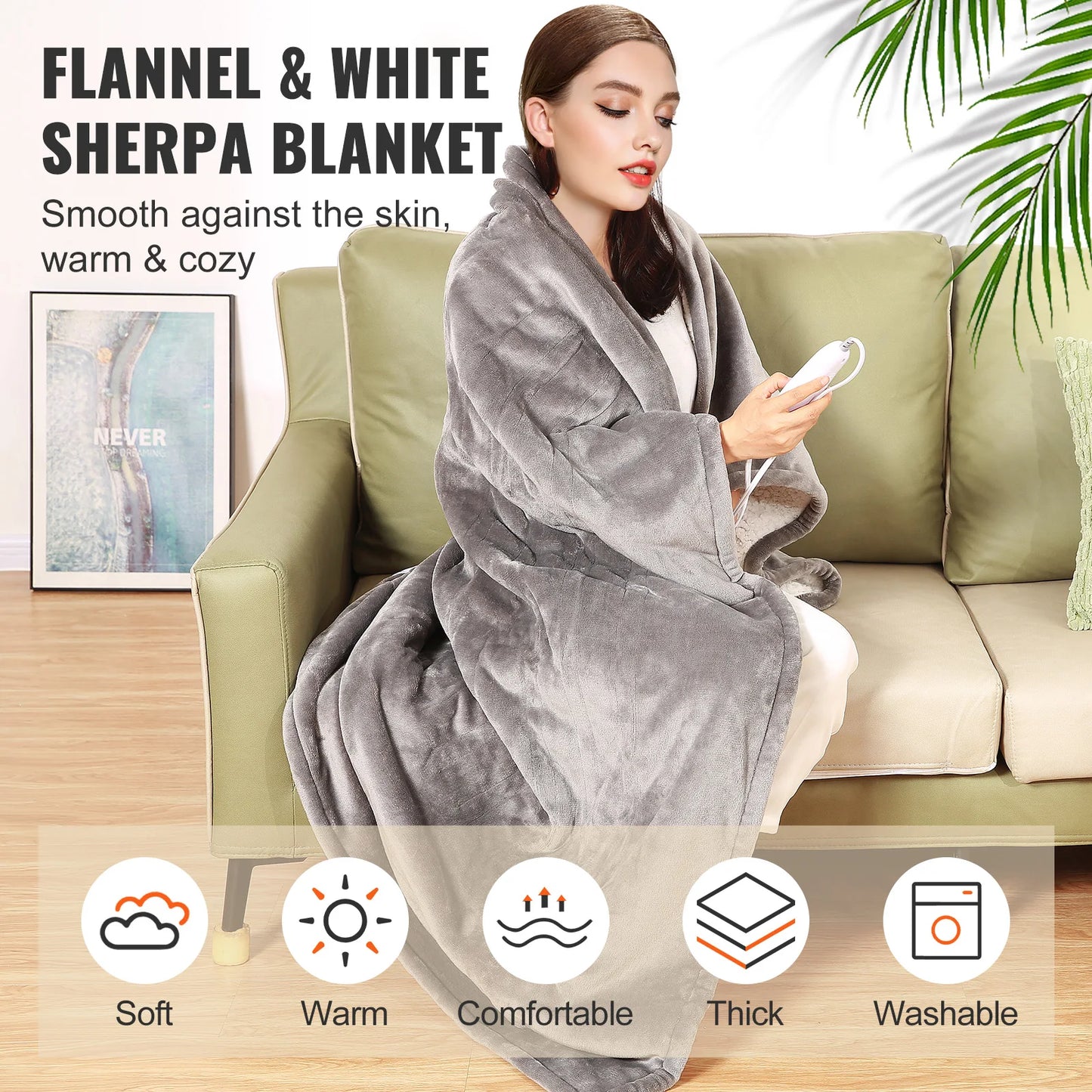 VEVOR Heated Blanket Electric Soft Flannel & Sherpa Heating Blanket