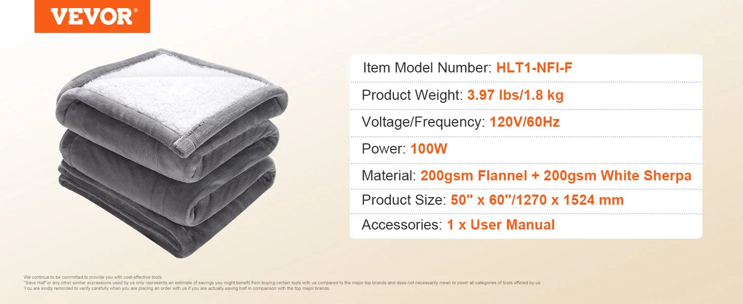 VEVOR Heated Blanket Electric Soft Flannel & Sherpa Heating Blanket