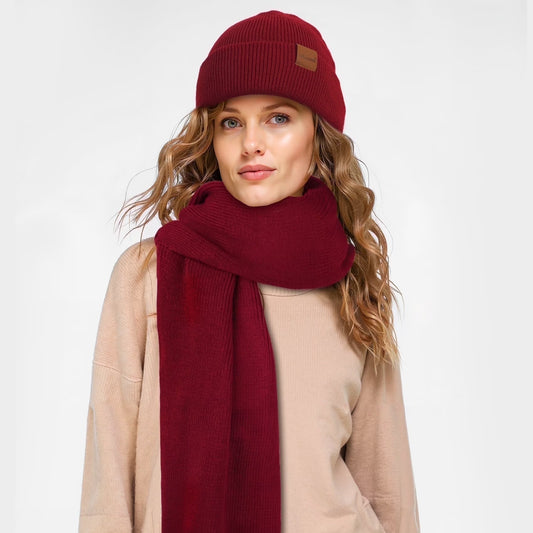 Winter Beanie Hat Scarf Set for Women Fleece Lined Winter Hat Long Soft Knit Scarf for Cold Weather Red