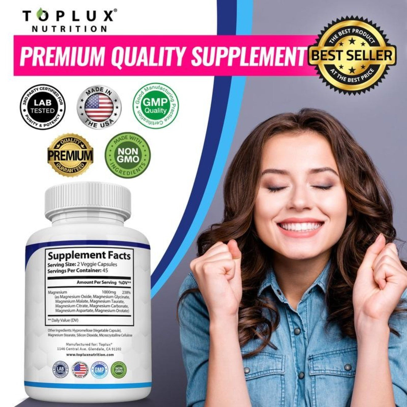 Toplux Magnesium Complex Supplement: 1000Mg of 8-Element Magnesium, 90 Capsules