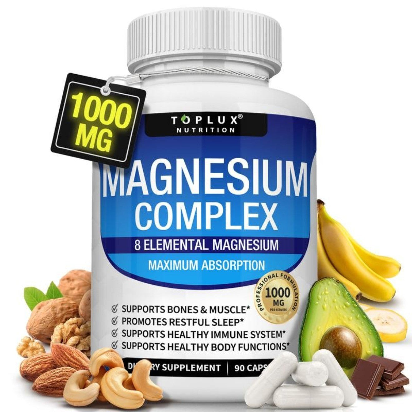 Toplux Magnesium Complex Supplement: 1000Mg of 8-Element Magnesium, 90 Capsules