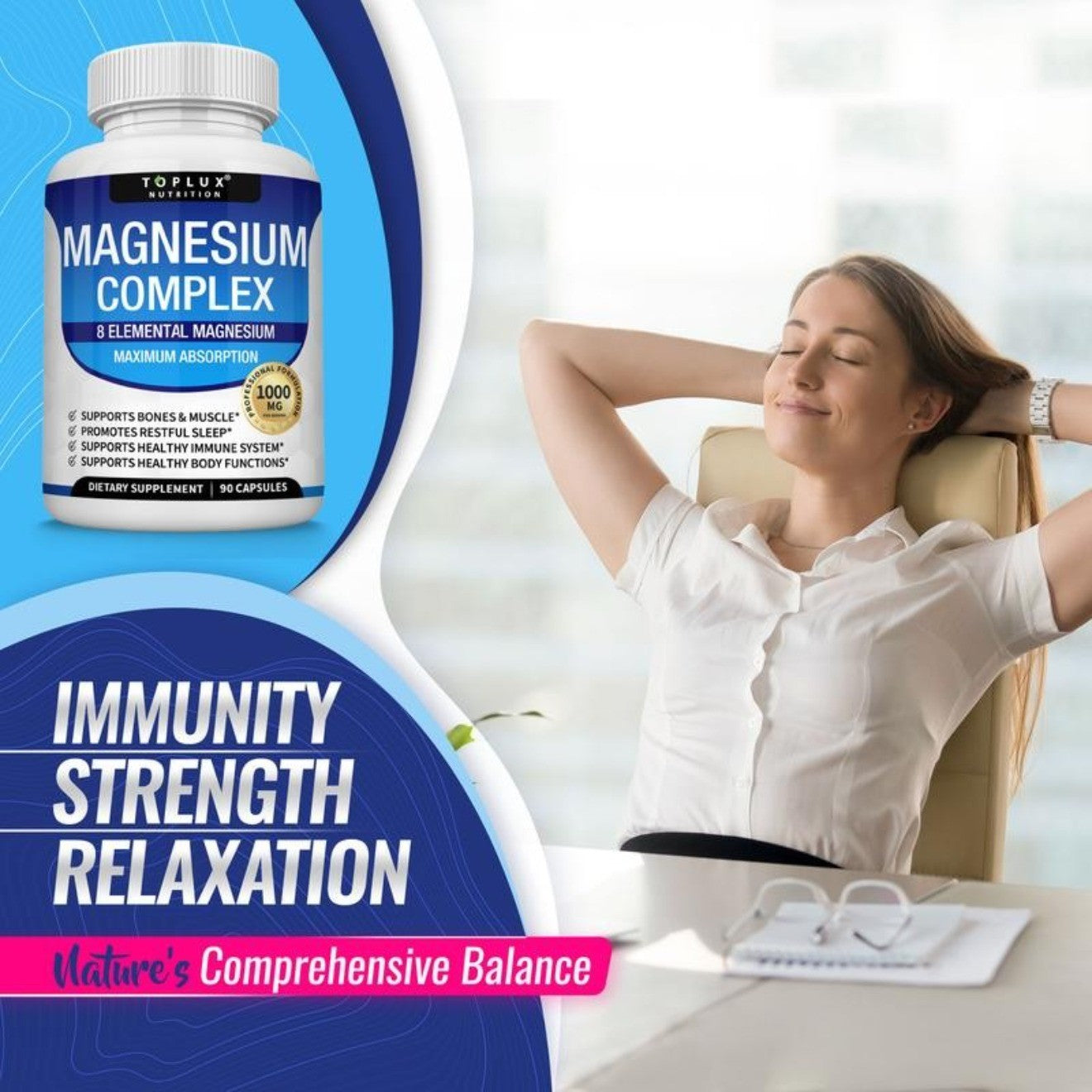 Toplux Magnesium Complex Supplement: 1000Mg of 8-Element Magnesium, 90 Capsules
